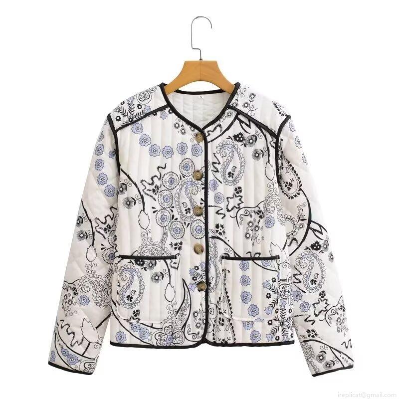 Women's Vintage Paisley Printed Quilted Jacket Polyester Cotton Padded Coat Contrast Piping Round Neck Loose Outerwear For Autumn Winter