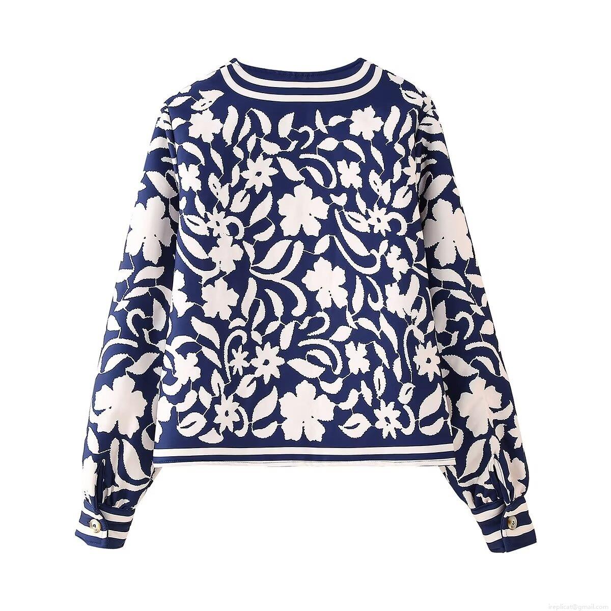 Women's Floral Print Cotton Padded Jacket Round Neck Long Sleeve Casual Loose Puffer Coat With Stripes And Buttons For Winter Daily Outwear