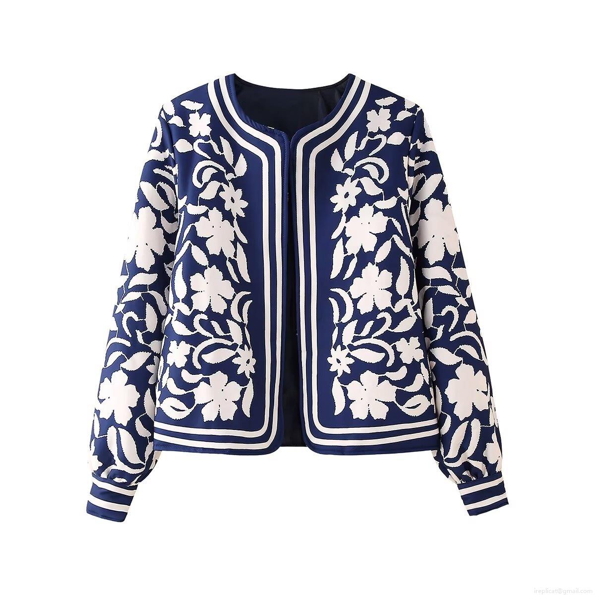 Women's Floral Print Cotton Padded Jacket Round Neck Long Sleeve Casual Loose Puffer Coat With Stripes And Buttons For Winter Daily Outwear