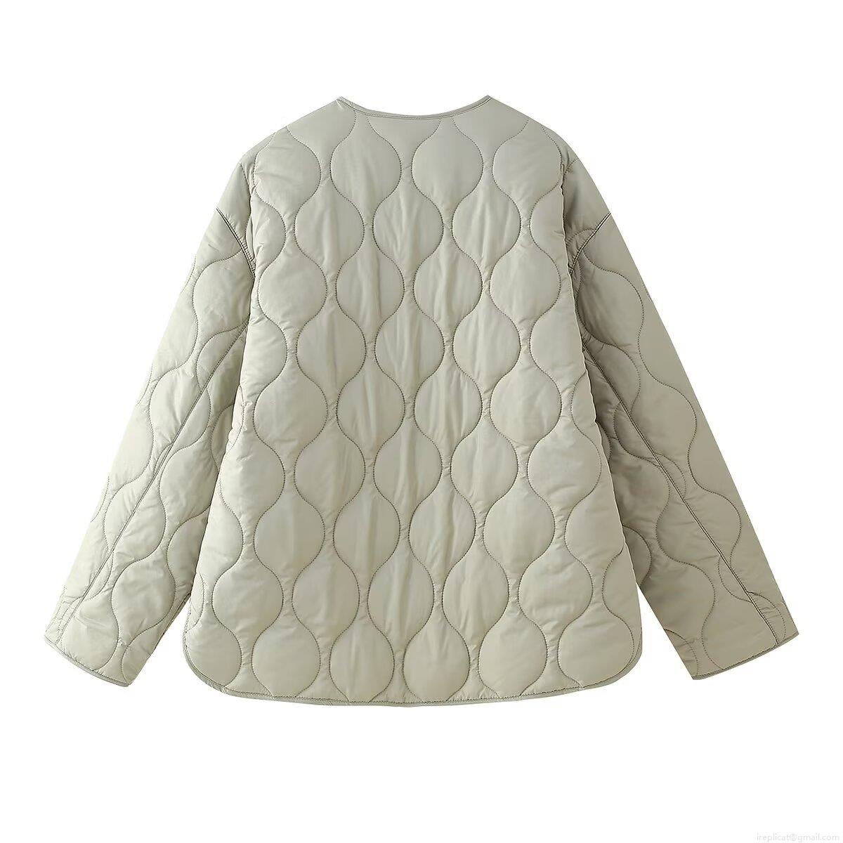 Women's Casual Loose Wave Quilted Jacket 100% Polyester Round Neck Zipper Lightweight Padded Coat For Spring Autumn Daily Wear