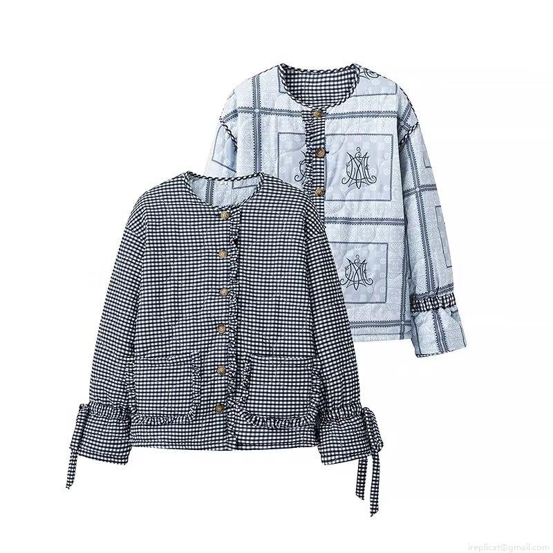 Women's Retro Gingham Quilted Jacket Round Neck Button Down Casual Coat with Ruffles and Drawstring Cuffs Vintage Long Sleeve Outerwear