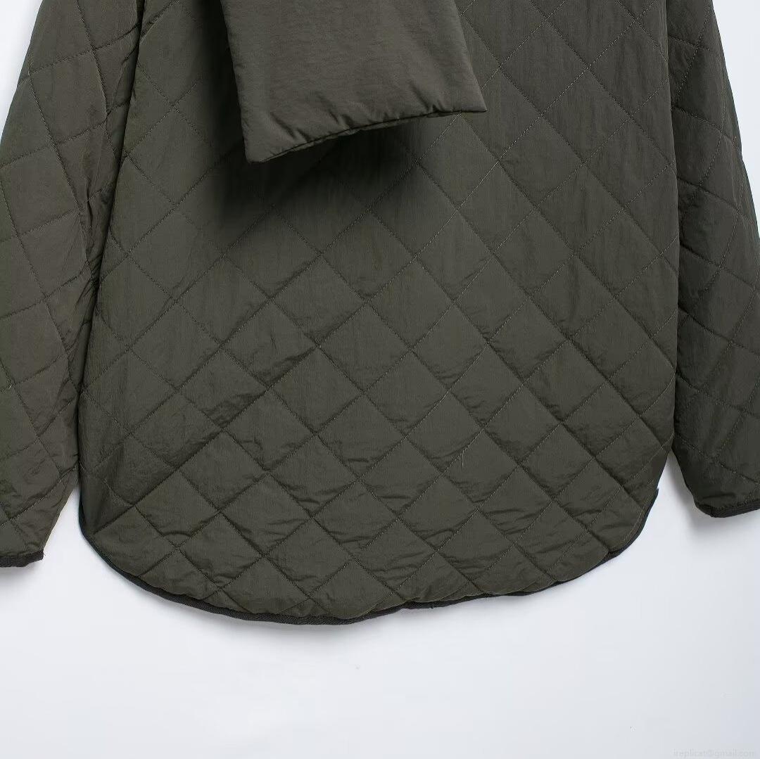 Women's Casual Loose Diamond Quilted Jacket With Matching Scarf Lightweight Polyester Puffer Coat Olive Green Solid Long Sleeve Outerwear For Autumn Winter