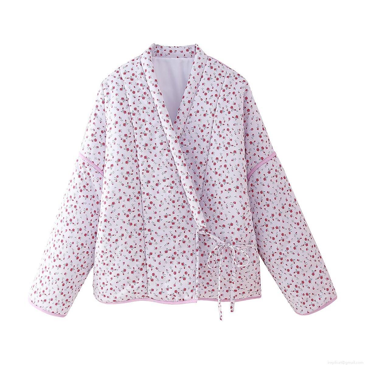 Women's Retro Sweet Floral Print Quilted Padded Jacket 100% Polyester V-Neck Tie-up Loose Fit Long Sleeve Coat For Autumn Winter
