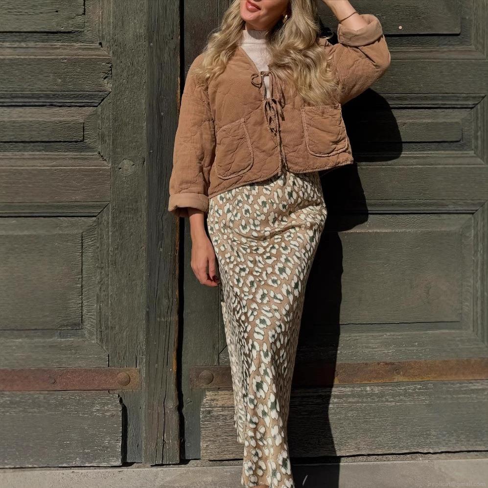 Women's Retro Brown Corduroy Quilted Jacket Loose Fit Tie-Front Long Sleeve Cotton Padded Coat Casual Warm Outerwear For Autumn Winter
