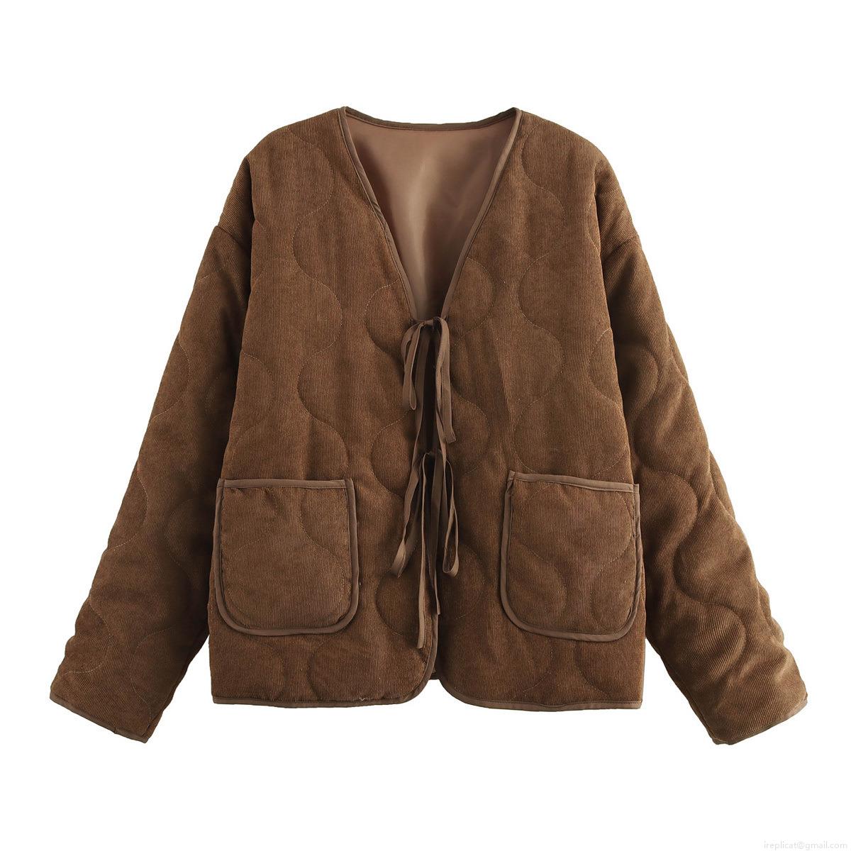 Women's Retro Brown Corduroy Quilted Jacket Loose Fit Tie-Front Long Sleeve Cotton Padded Coat Casual Warm Outerwear For Autumn Winter