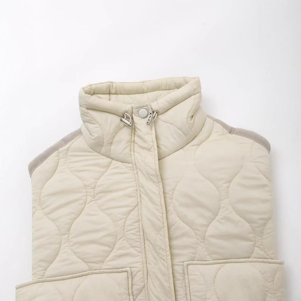 Women's Fashion Quilted Puffer Jacket Wave Pattern Stand Collar Drawstring Hem Padded Outerwear Lightweight Polyester Coat For Autumn Winter Casual Streetwear Ladies