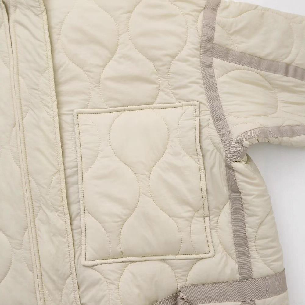Women's Fashion Quilted Puffer Jacket Wave Pattern Stand Collar Drawstring Hem Padded Outerwear Lightweight Polyester Coat For Autumn Winter Casual Streetwear Ladies
