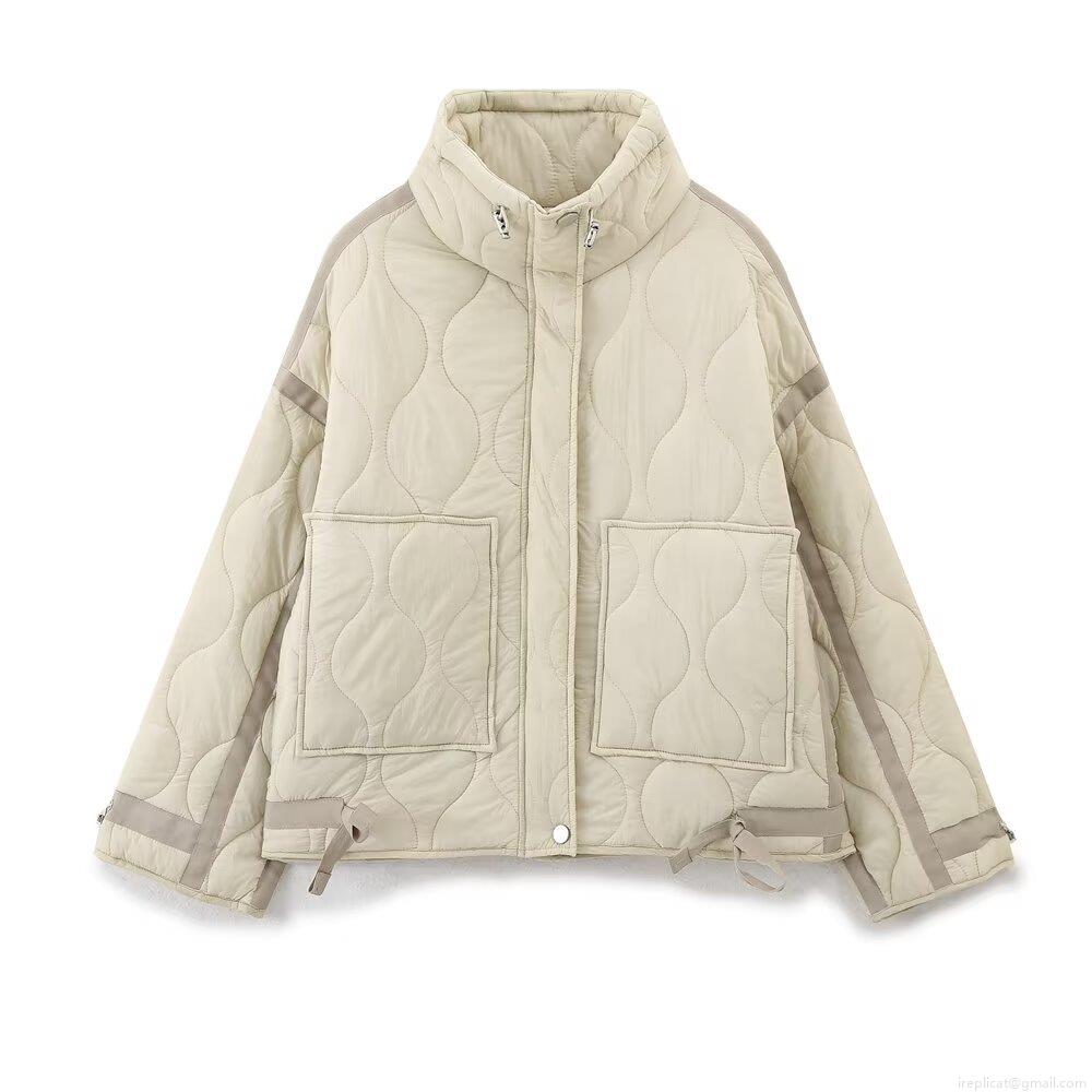 Women's Fashion Quilted Puffer Jacket Wave Pattern Stand Collar Drawstring Hem Padded Outerwear Lightweight Polyester Coat For Autumn Winter Casual Streetwear Ladies