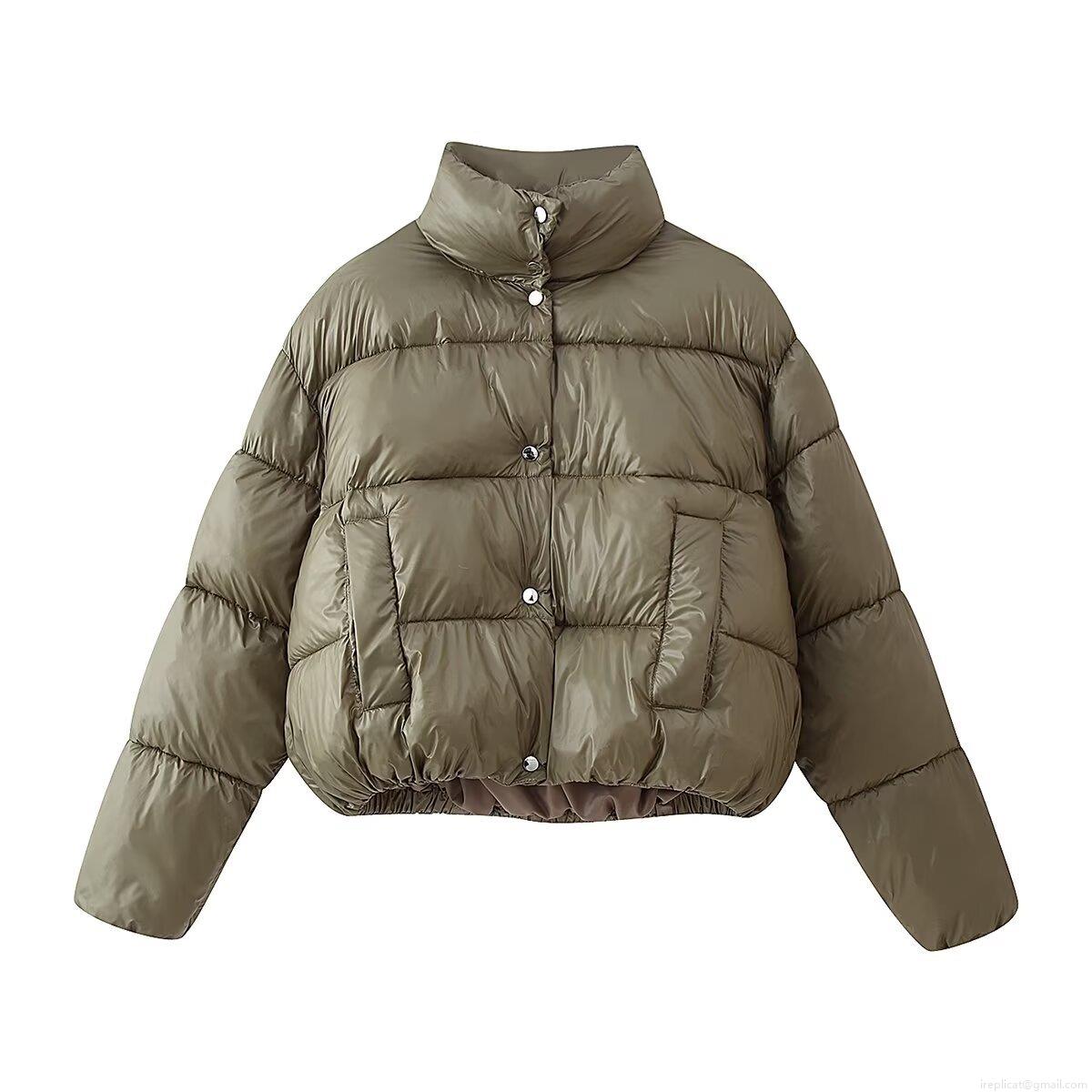 Women's Fashion Stand Collar Puffer Cotton Jacket Short Button Quilted Coat Windproof Warm Long Sleeve Streetwear Outerwear For Women