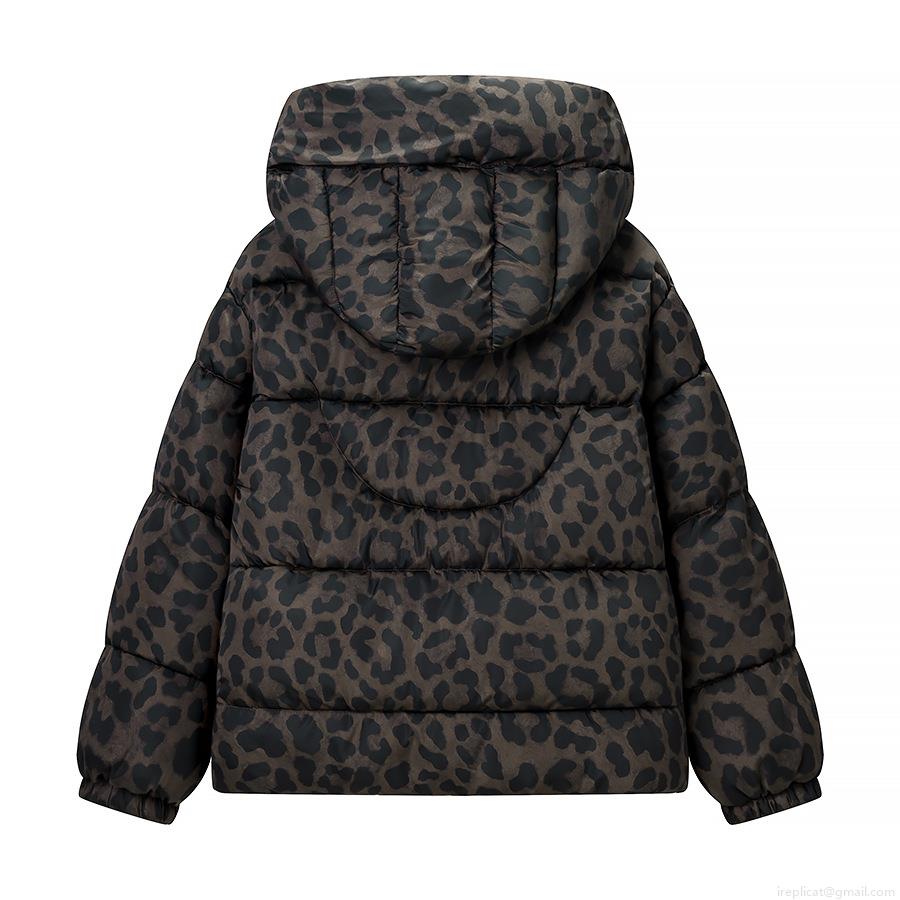 Women's Leopard Print Hooded Puffer Jacket Casual Warm Polyester Padded Coat with Pockets Long Sleeve Zip Up Outerwear for Winter Streetwear