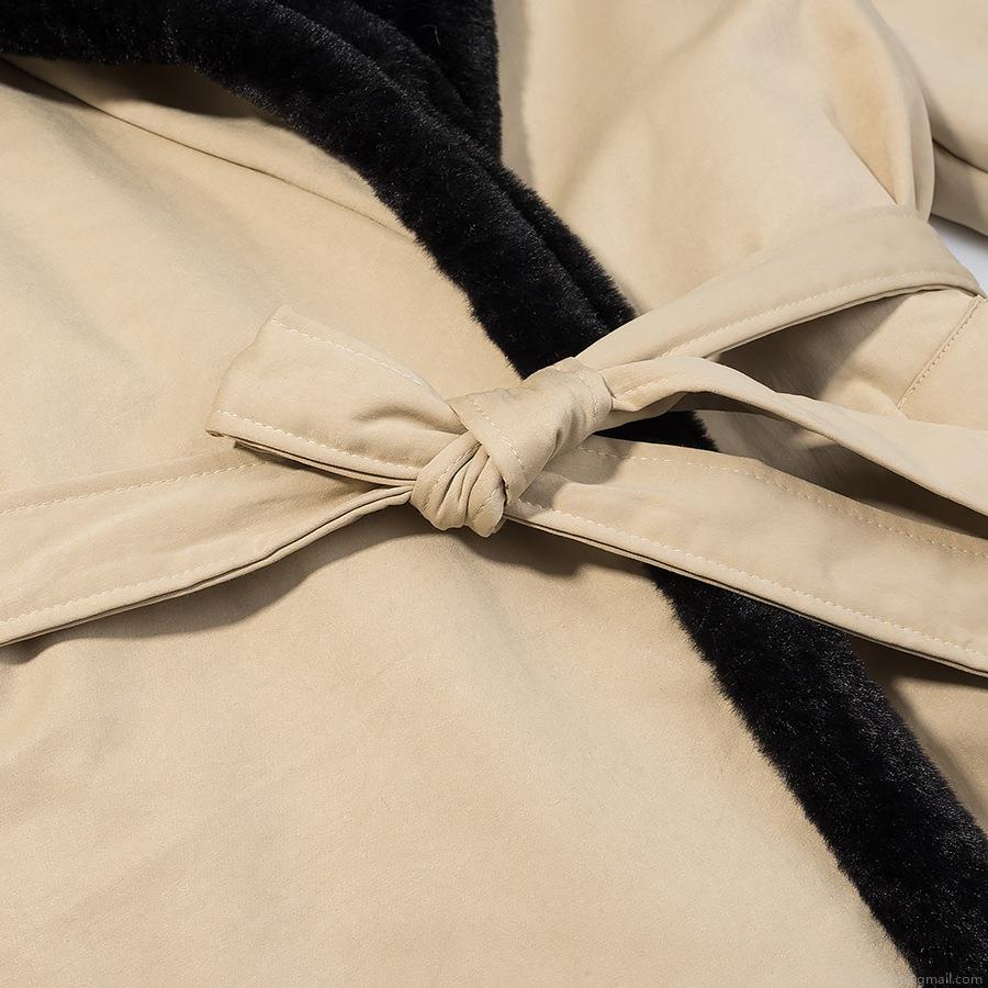 Women's Fashion Khaki Hooded Long Padded Jacket With Faux Fur Collar And Waist Tie Belt Winter Warm Streetwear Outerwear Plus Size Trench Overcoat