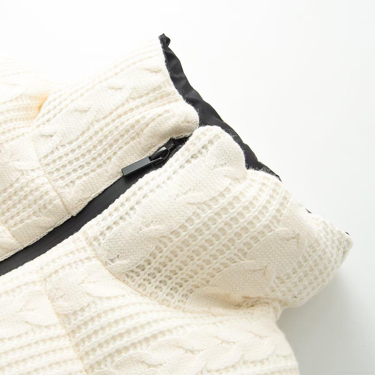 Women's Fashion Cable Knit Puffer Jacket Polyester Silk Cotton Filling Standing Collar Zipper Outerwear White Winter Ski Casual Streetwear Coat