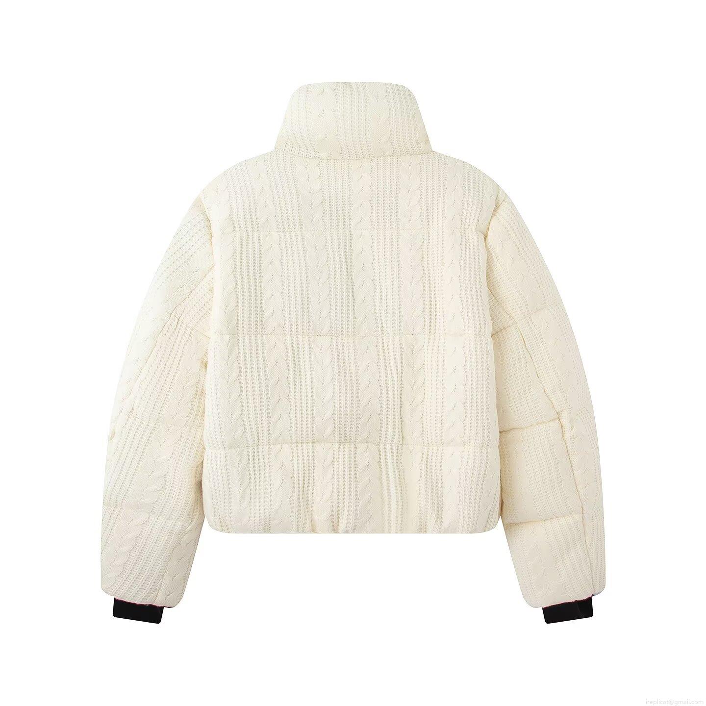 Women's Fashion Cable Knit Puffer Jacket Polyester Silk Cotton Filling Standing Collar Zipper Outerwear White Winter Ski Casual Streetwear Coat