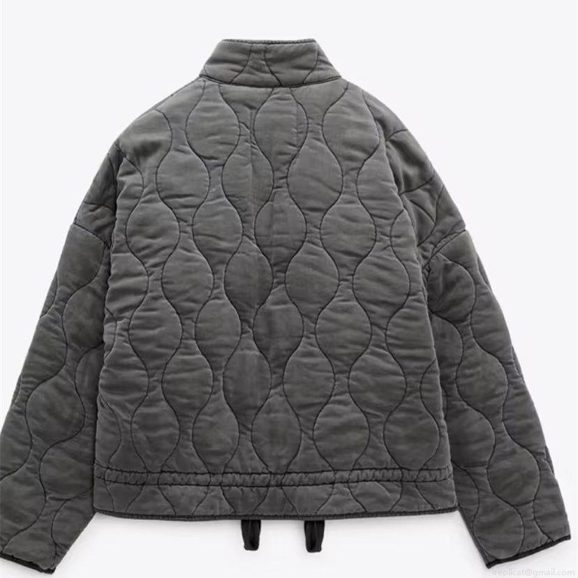 Women's Quilted Padded Jacket Stand Collar Washed Polyester Zipper Outerwear Large Pockets Warm Winter Coat Casual Streetwear Style Solid Color Jacket
