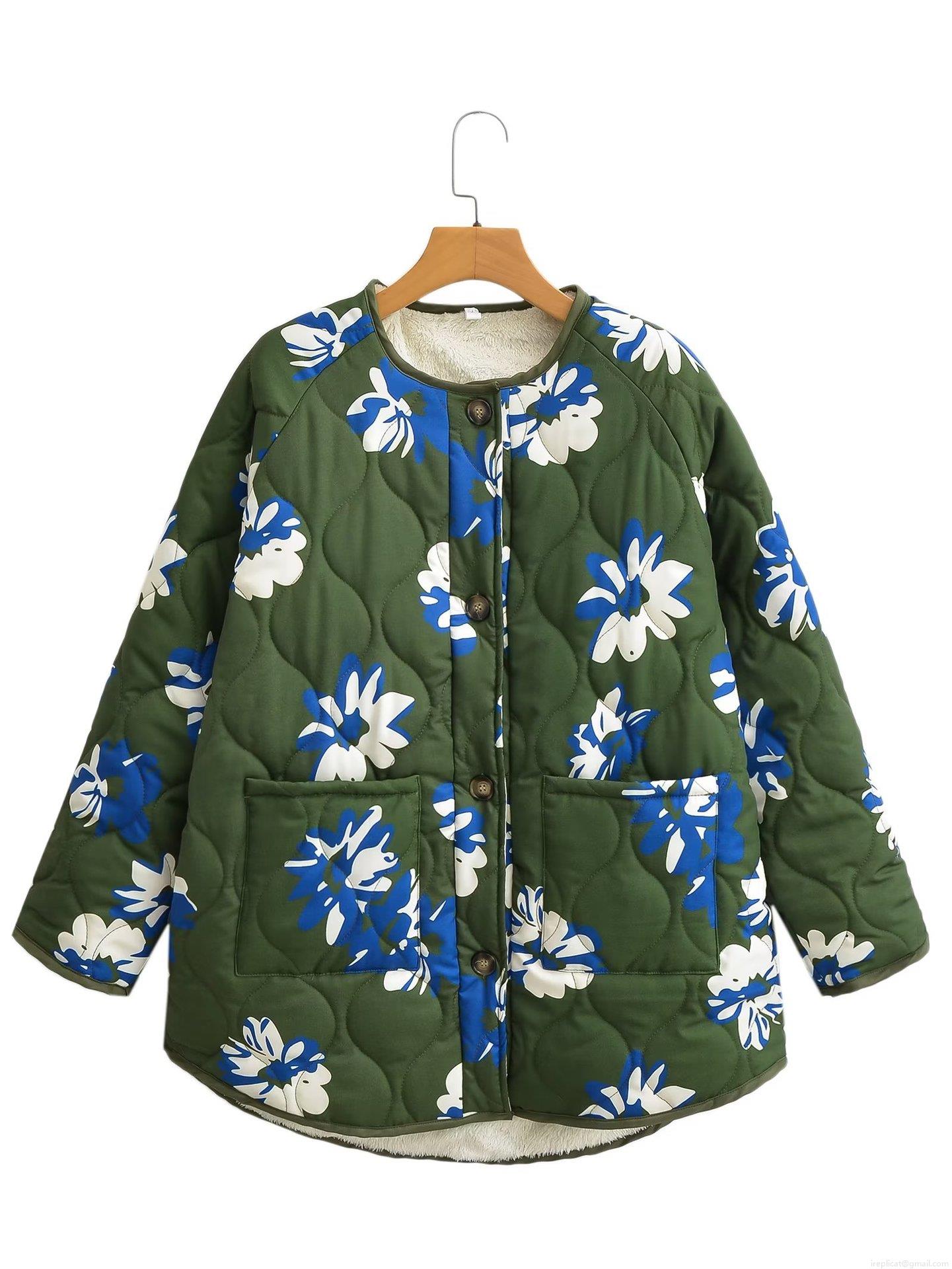 Women's Vintage Floral Print Quilted Jacket Fleece Lined Warm Cotton Padded Coat Casual Streetwear Long Sleeve Single Breasted Outwear For Ladies