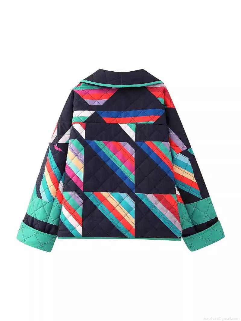 Women's Streetwear Quilted Padded Jacket Geometric Print Color Block Open Front V-Neck Loose Outerwear Autumn Winter Casual Polyester Coat