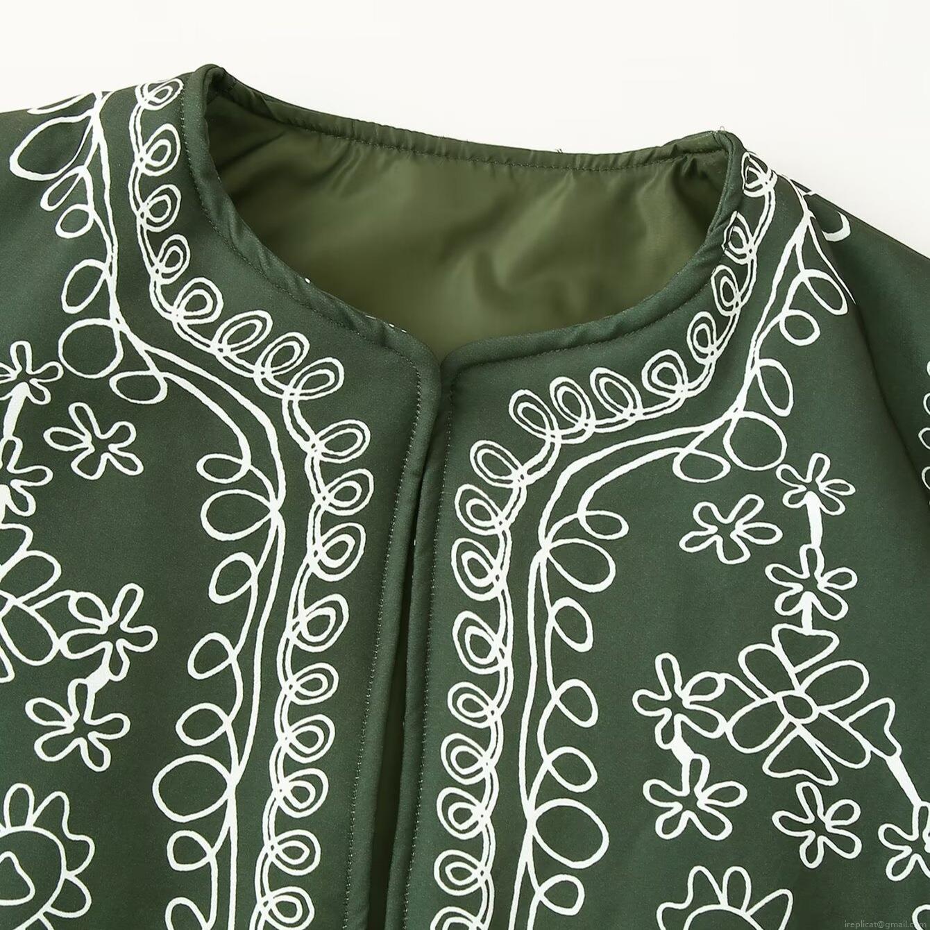 Women's Ethnic Geometric Embroidered Cotton-Padded Jacket Vintage Round Neck Single Breasted Long Sleeve Warm Puffer Outerwear Autumn Winter Streetwear