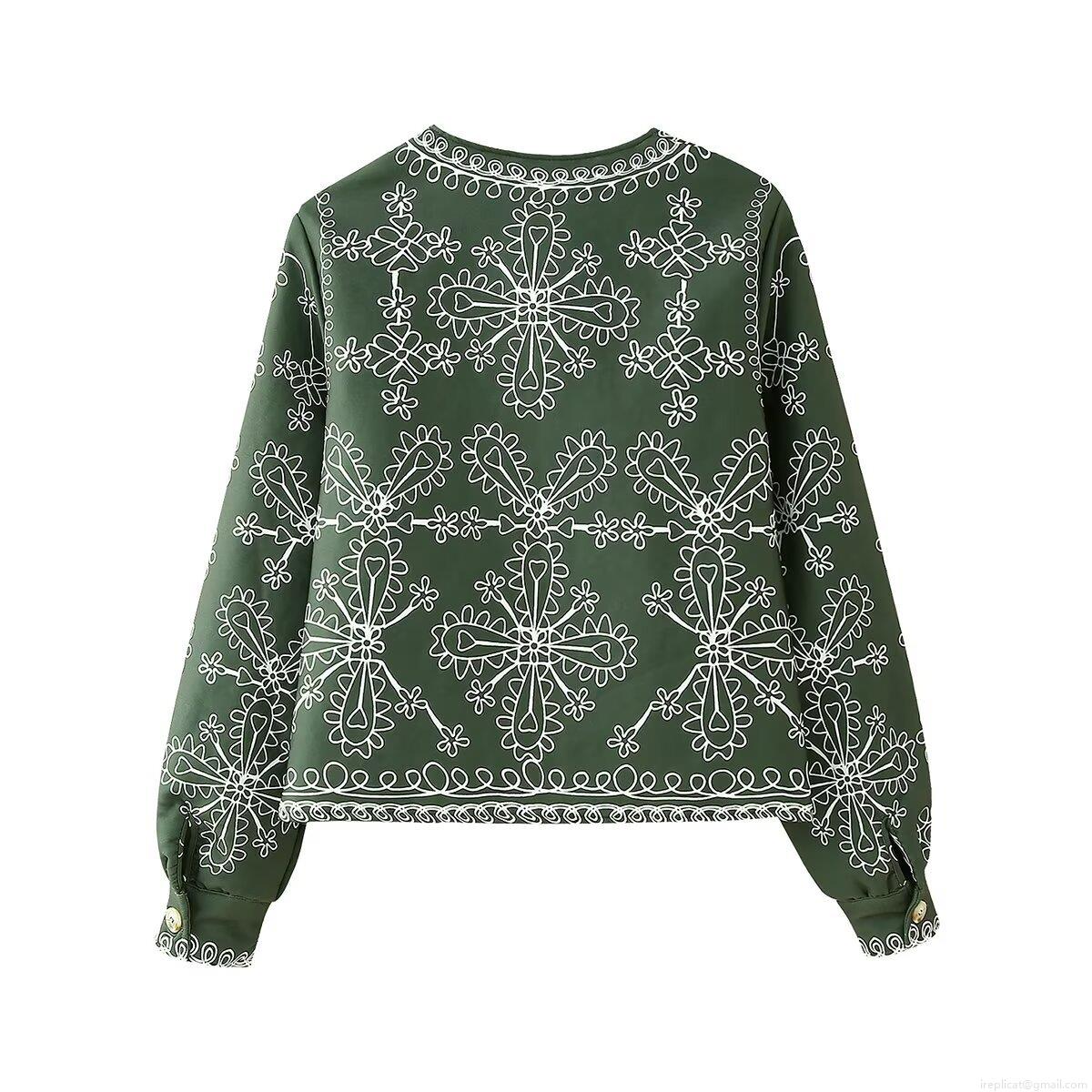 Women's Ethnic Geometric Embroidered Cotton-Padded Jacket Vintage Round Neck Single Breasted Long Sleeve Warm Puffer Outerwear Autumn Winter Streetwear