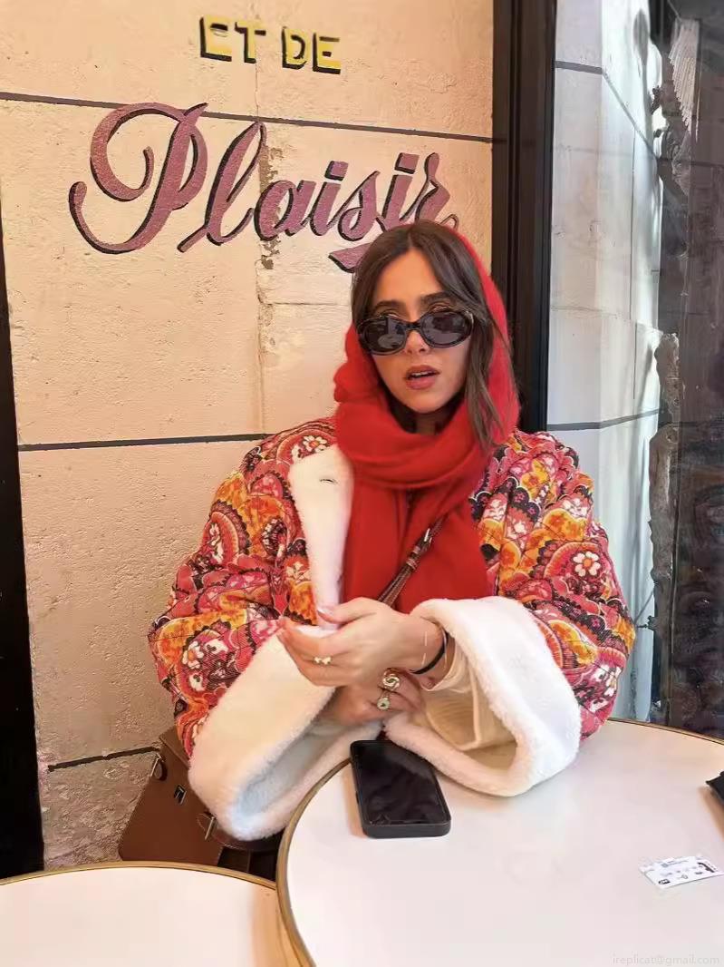 Women's Vintage Bohemian Floral Print Padded Jacket Quilted Winter Outerwear With Faux Lamb Wool Trim Long Sleeve Button Up Coat