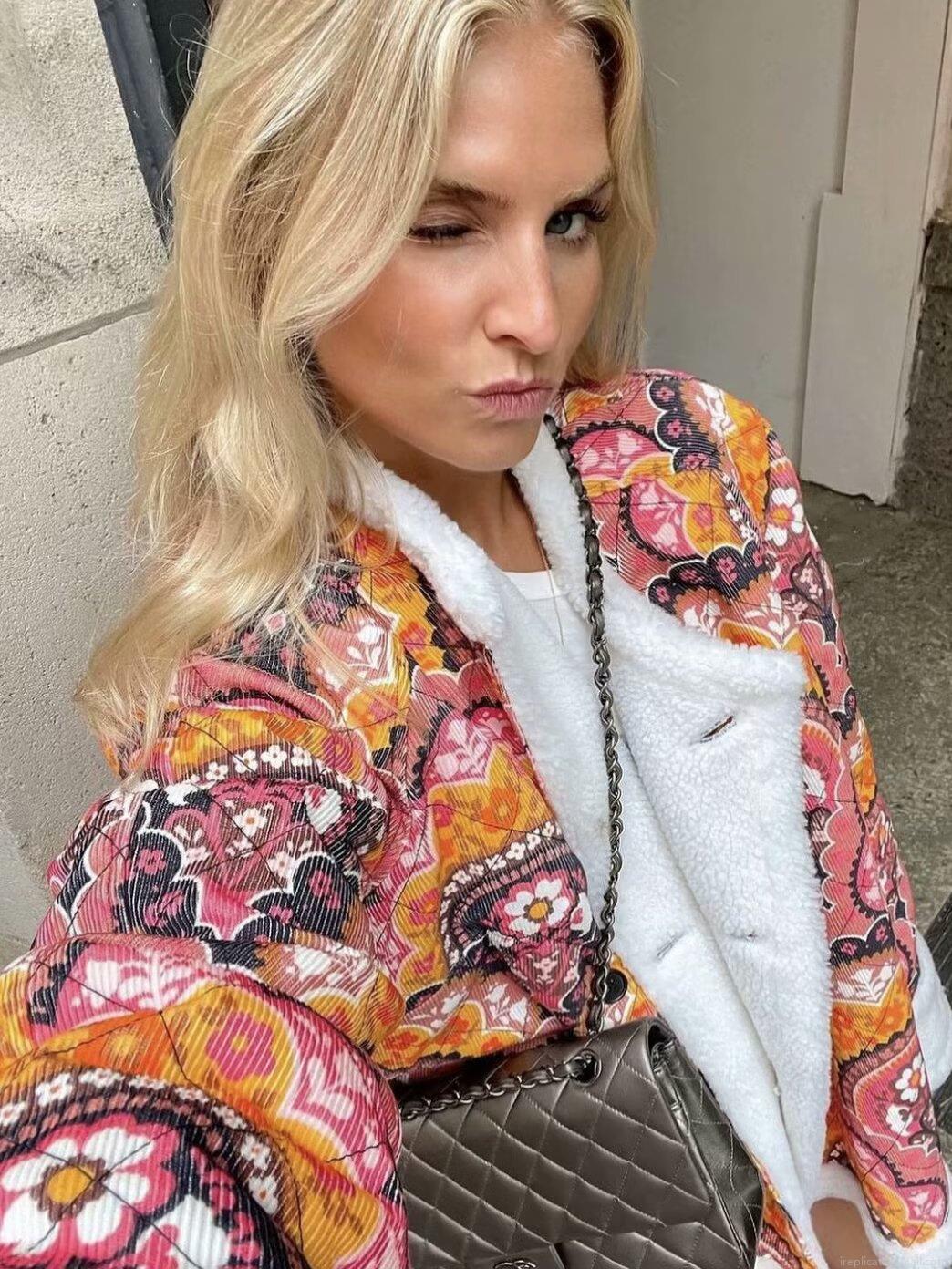 Women's Vintage Bohemian Floral Print Padded Jacket Quilted Winter Outerwear With Faux Lamb Wool Trim Long Sleeve Button Up Coat