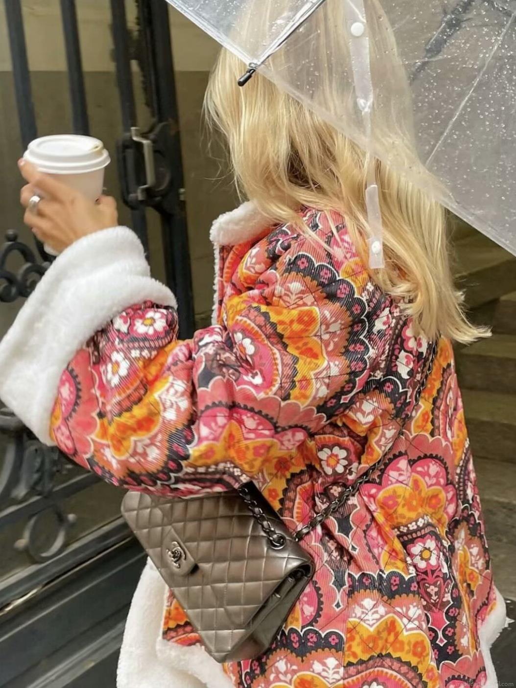Women's Vintage Bohemian Floral Print Padded Jacket Quilted Winter Outerwear With Faux Lamb Wool Trim Long Sleeve Button Up Coat