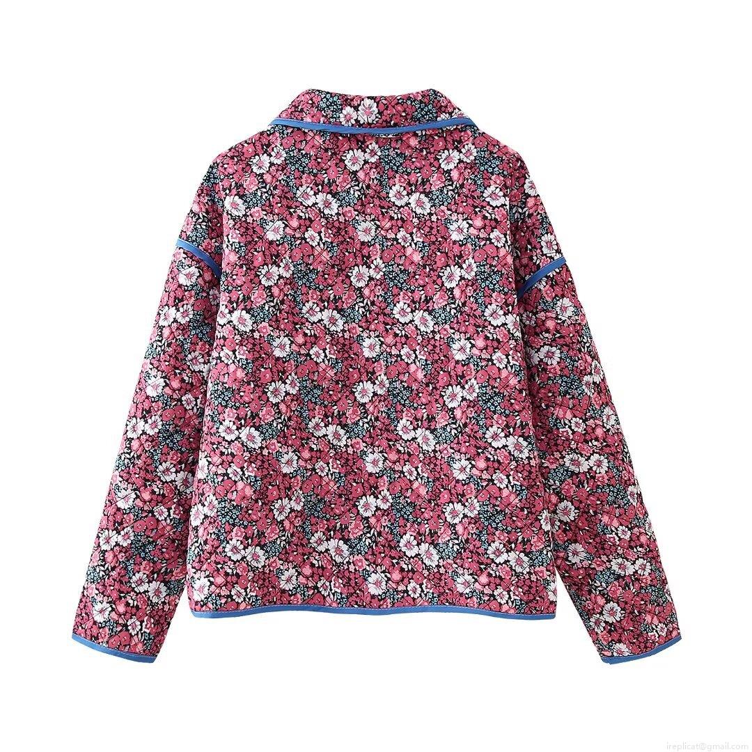 Women Floral Print Quilted Jacket Long Sleeve Lapel Button Down Puffer Coat With Patch Pockets Pink Flowers Contrast Binding Outerwear