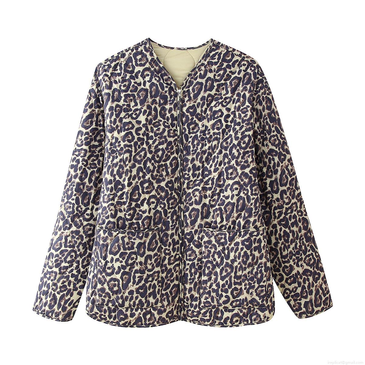 Women's Fashion Leopard Print Quilted Jacket 100% Polyester Padding Zipper Front Puffer Coat With Pockets Casual Long Sleeve Streetwear Outerwear For Fall Winter