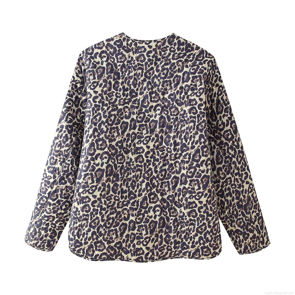 Women's Fashion Leopard Print Quilted Jacket 100% Polyester Padding Zipper Front Puffer Coat With Pockets Casual Long Sleeve Streetwear Outerwear For Fall Winter