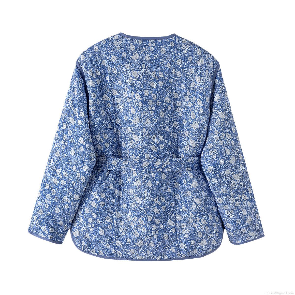 Women's Floral Quilted Jacket Polyester Cotton Padded Coat With Belt Long Sleeve Round Neck Single Breasted Mid Length Autumn Fashion Outerwear Blue Print