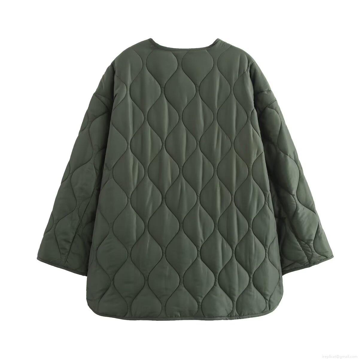 Women's Quilted Padded Jacket Oversized V-Neck Zipper Outerwear Coat Autumn Winter Casual Streetwear Warm Pockets Olive Green Cotton Blend Long Sleeve Parka