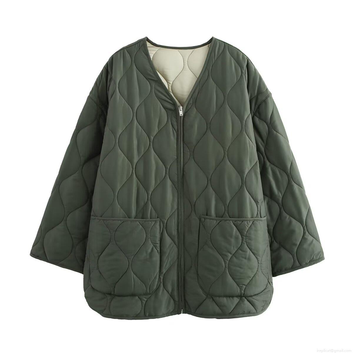 Women's Quilted Padded Jacket Oversized V-Neck Zipper Outerwear Coat Autumn Winter Casual Streetwear Warm Pockets Olive Green Cotton Blend Long Sleeve Parka
