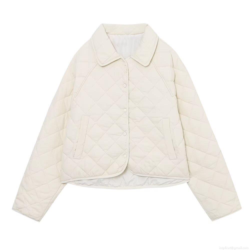 Women's Rhombic Quilted Jacket Polyester Padded Short Outerwear Single Breasted Lapel Collar Warm Cotton Coat For Casual Streetwear Autumn Winter