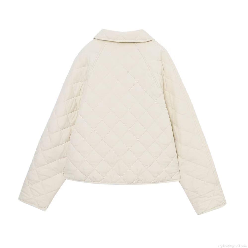 Women's Rhombic Quilted Jacket Polyester Padded Short Outerwear Single Breasted Lapel Collar Warm Cotton Coat For Casual Streetwear Autumn Winter