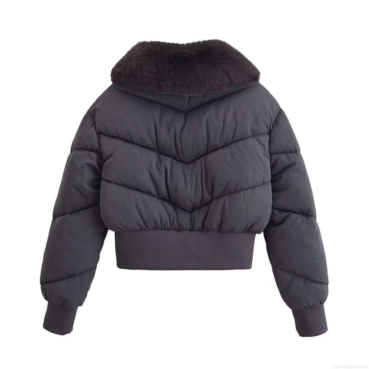 Women's Short Puffer Jacket With Detachable Faux Fur Collar Long Sleeve Quilted Cotton Padded Outerwear Windproof Winter Coat For Ladies Streetwear