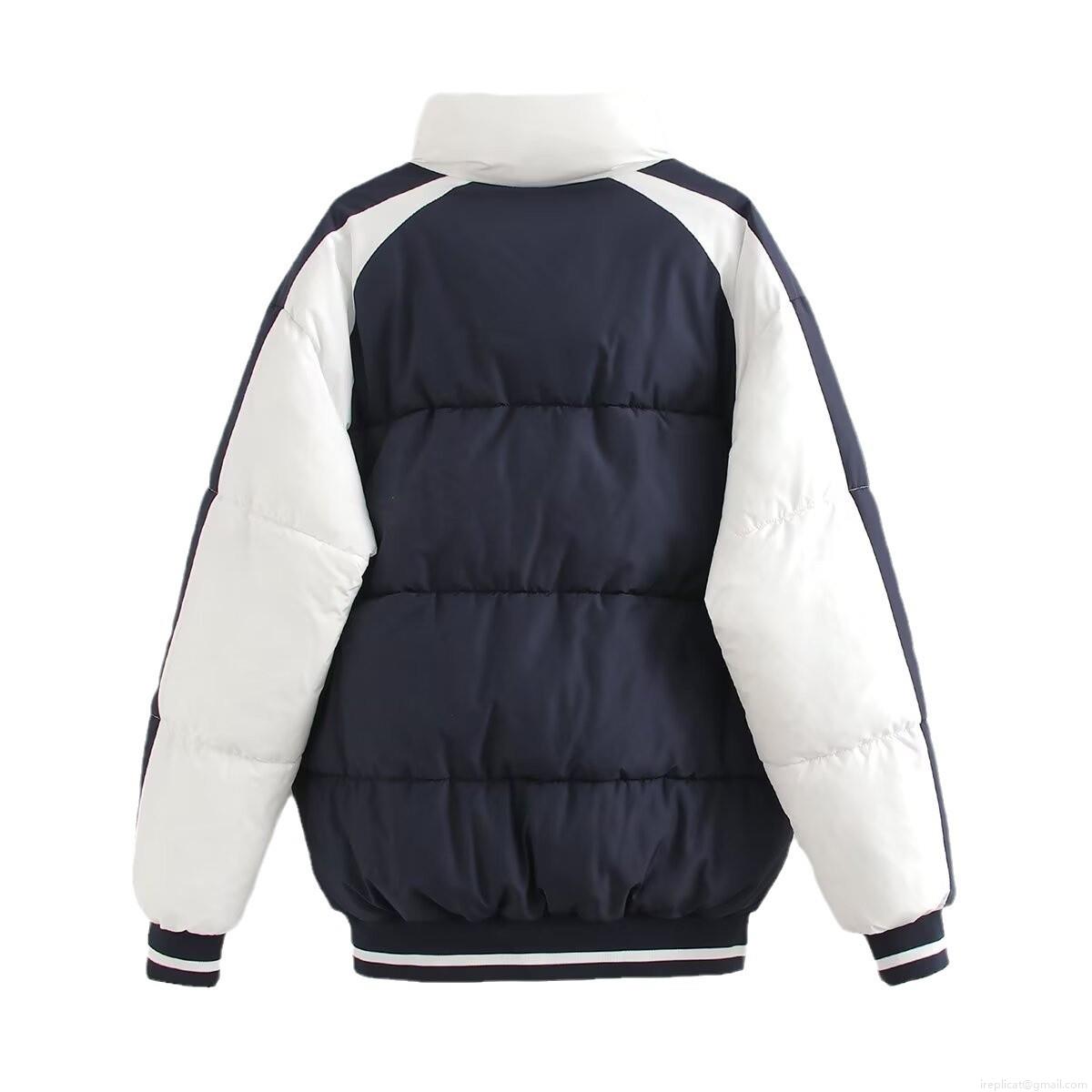 Women's Fashion Color Block Puffer Jacket Winter Warm Polyester Cotton Padded Coat With Sun Letter Embroidery Standing Collar Streetwear Outerwear