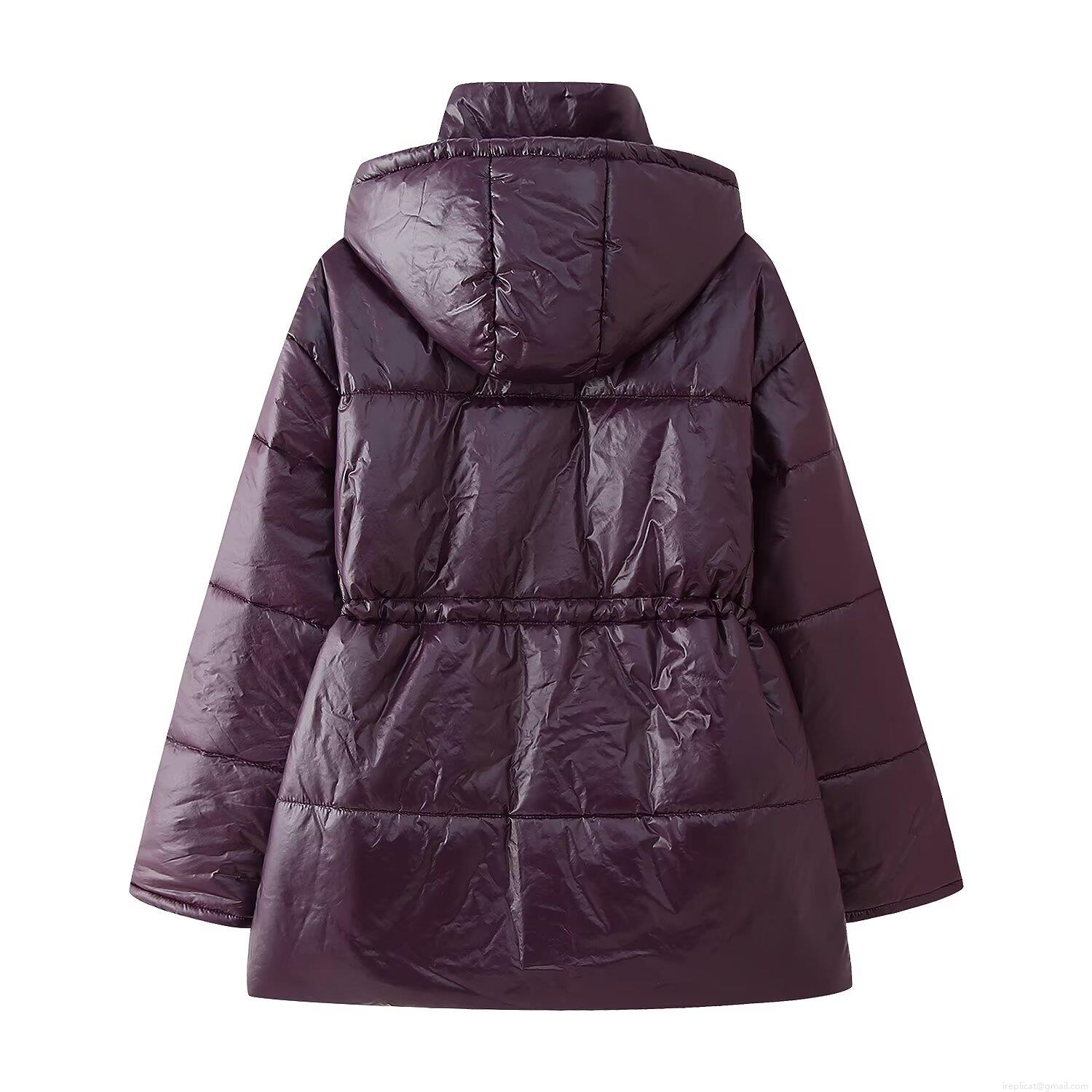 Women's Shiny Dark Purple Hooded Puffer Jacket Mid-Length Quilted Cotton Padded Coat Windproof Streetwear Warm Outerwear With Zipper Drawstring Waist For Winter Autumn Fashion Ladies