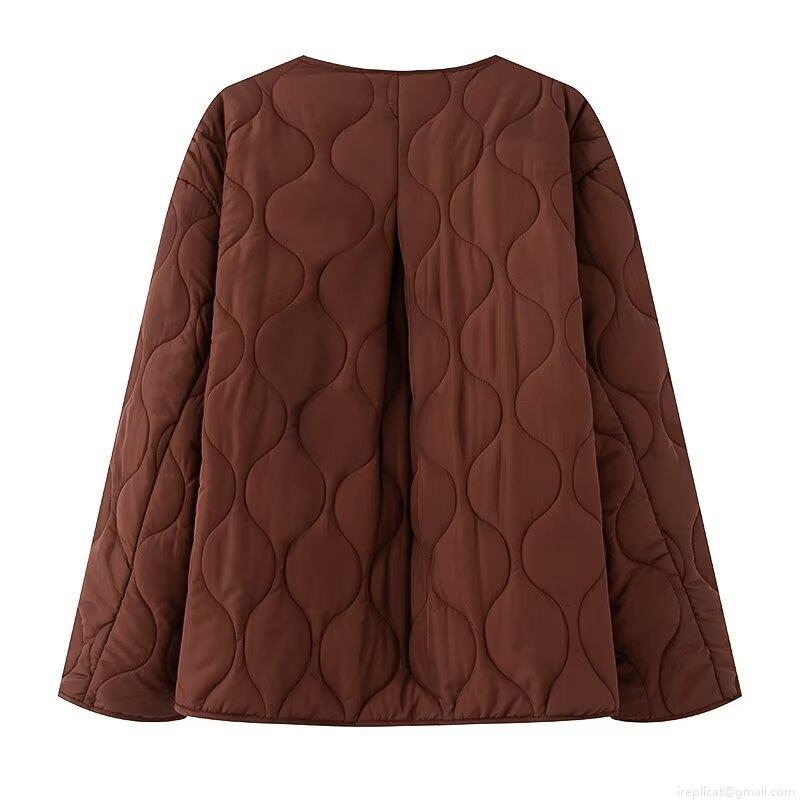 Women's Casual Quilted Padded Jacket Round Neck Button Down Polyester Warm Outerwear Streetwear Style Coat For Autumn Winter