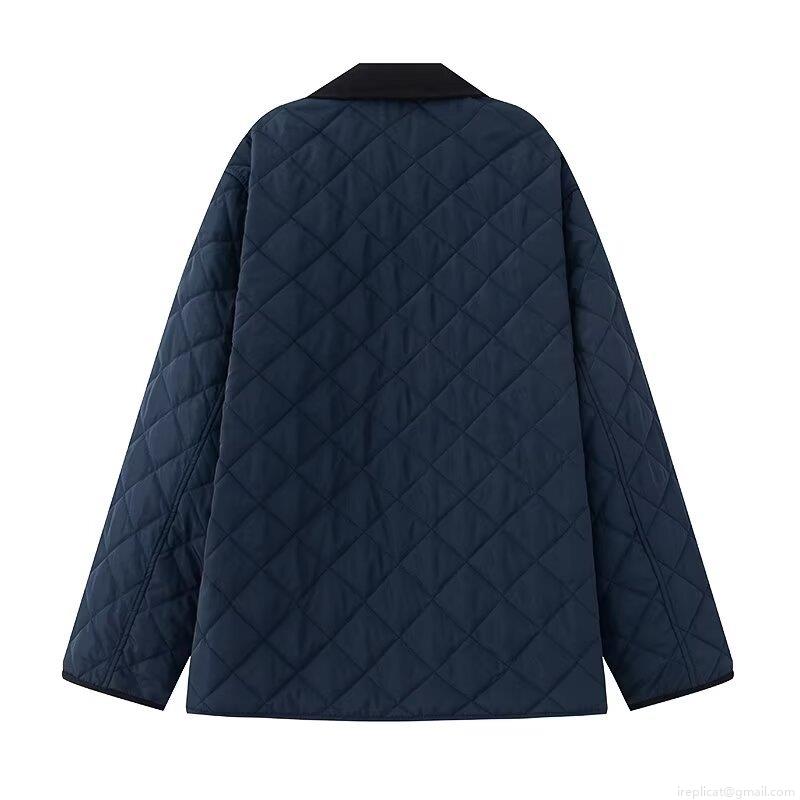 Women Navy Blue Diamond Quilted Jacket Contrast Corduroy Lapel Single Breasted Padded Coat With Pockets Casual Winter Streetwear Outwear For Women