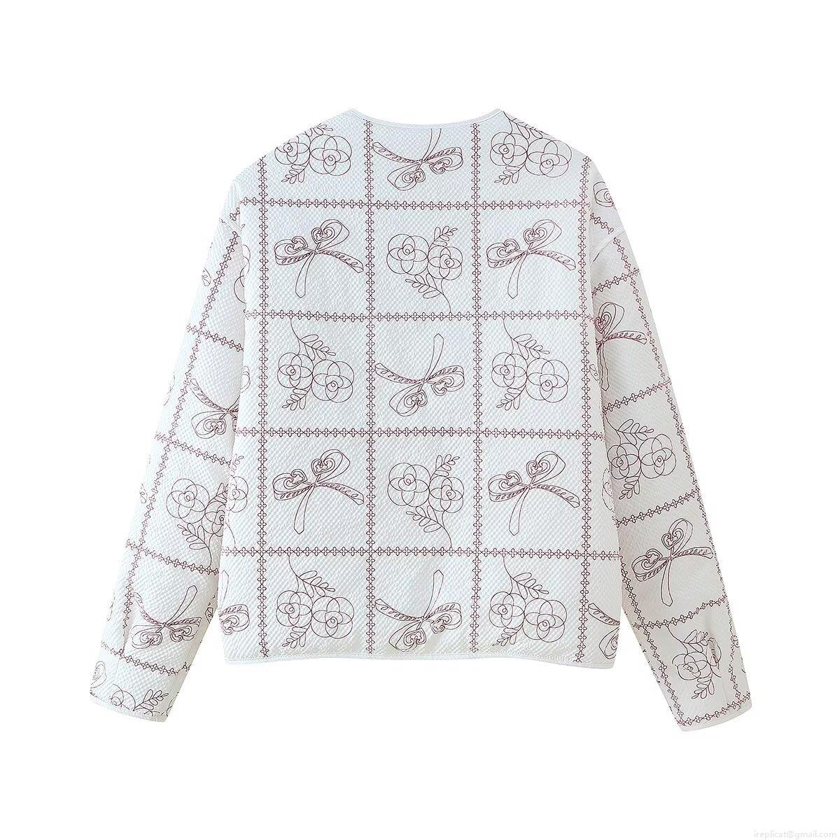 Women's Quilted Cotton-padded Jacket V-Neck Lace-up Rose Bow Floral Print Winter Coat Western Style Streetwear Warm Long Sleeve Outerwear