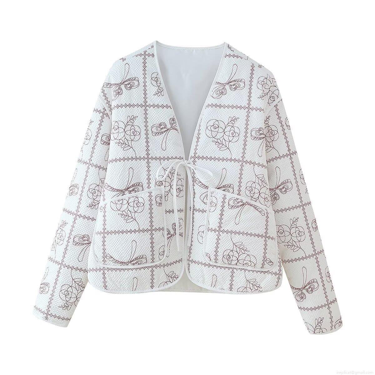 Women's Quilted Cotton-padded Jacket V-Neck Lace-up Rose Bow Floral Print Winter Coat Western Style Streetwear Warm Long Sleeve Outerwear