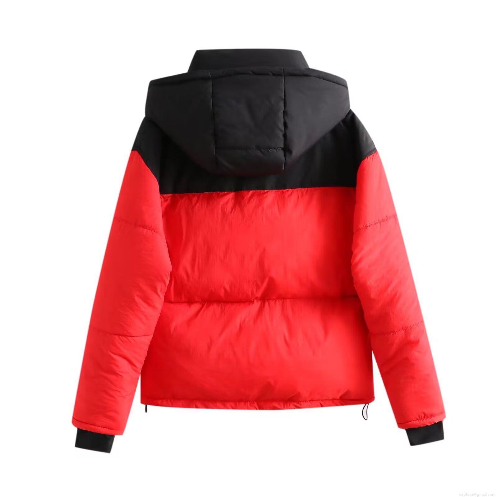 Women's Winter Hooded Puffer Jacket Color Block Red Black Thick Cotton-Padded Coat Loose Fit Windproof Middle-Long Parka Outwear Streetwear