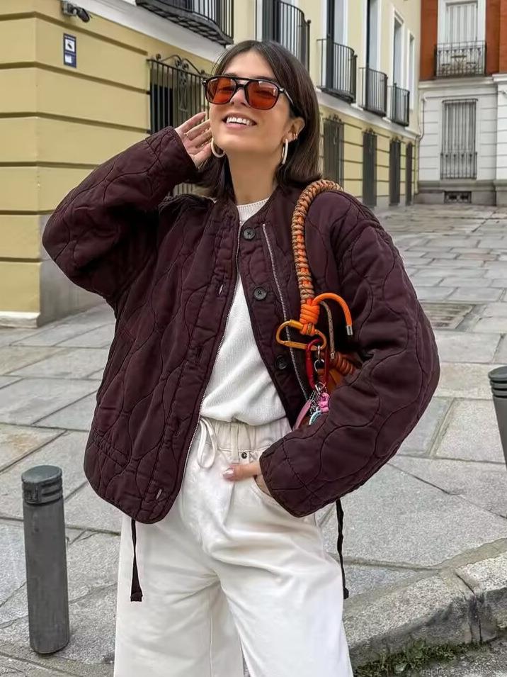 Women's Loose Casual Quilted Jacket Wave Pattern Puffer Coat With Round Neck Long Sleeve Zipper Button Closure Solid Color Warm Outerwear