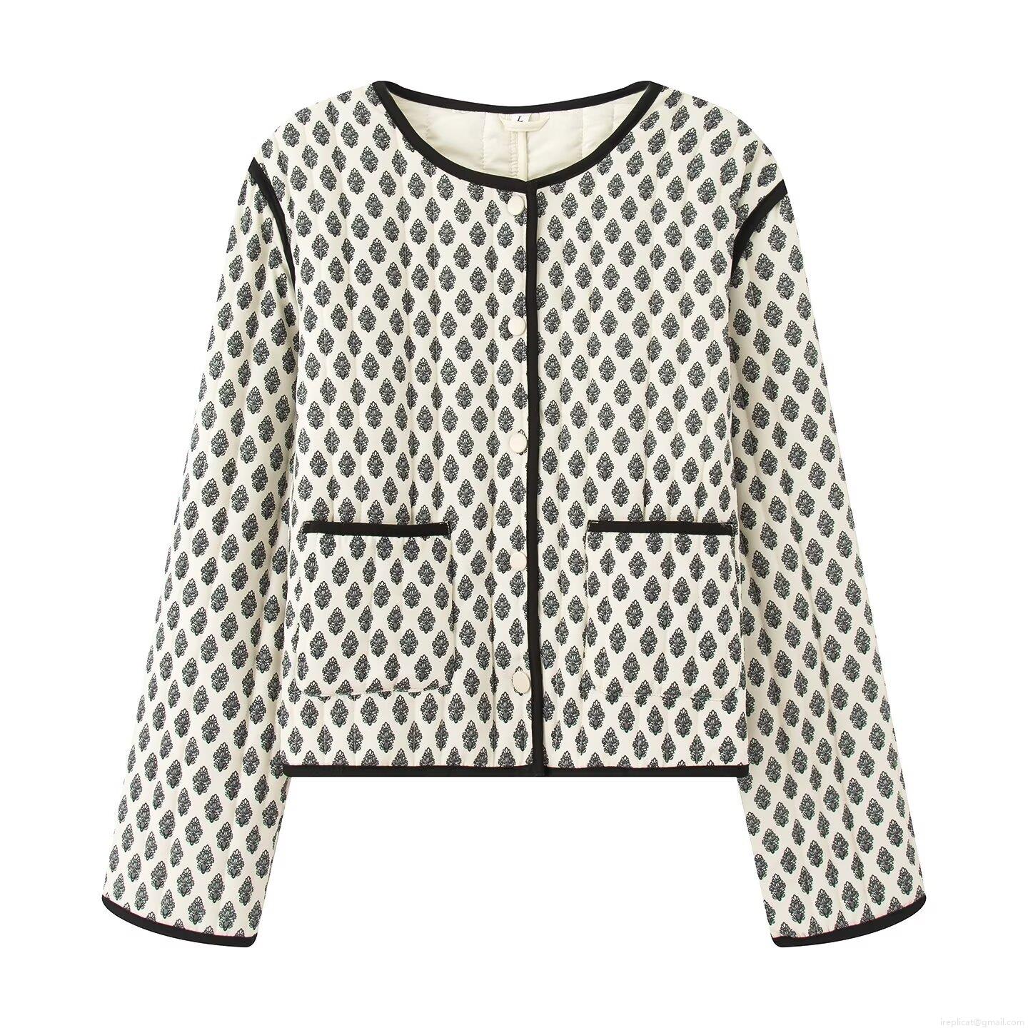 Women Vintage Floral Print Quilted Jacket 100% Polyester Padded Long Sleeve Crew Neck Button Up Winter Coat Streetwear Casual Warm Fashion Outerwear for Women
