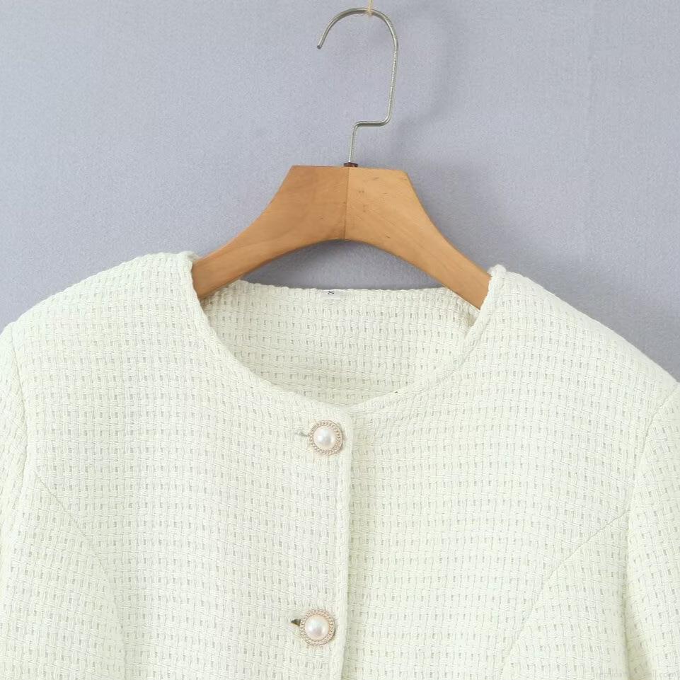 Women's Elegant Creamy White Tweed Jacket Padded Cotton Coat With Pearl Buttons Round Neck Long Sleeve Winter Outerwear Quilted Lining Warm Puffer Jacket For Women