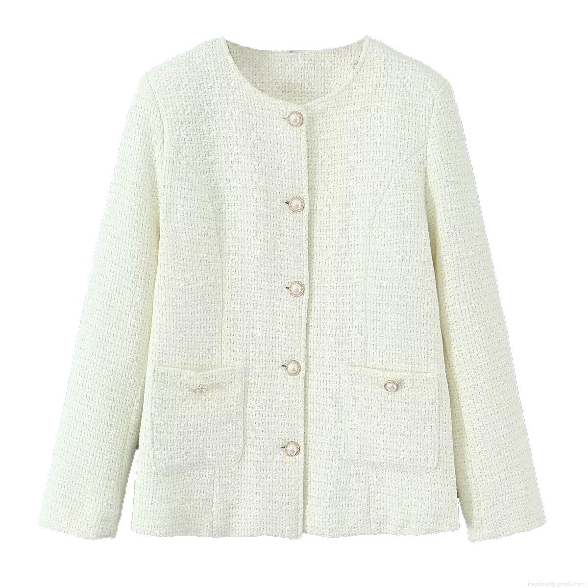 Women's Elegant Creamy White Tweed Jacket Padded Cotton Coat With Pearl Buttons Round Neck Long Sleeve Winter Outerwear Quilted Lining Warm Puffer Jacket For Women