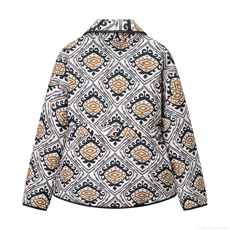 Ethnic Geometric Print Quilted Jacket With Waist Tie Women's Long Sleeve V-Neck Polyester Padded Outerwear Winter Casual Warm Streetwear Coat