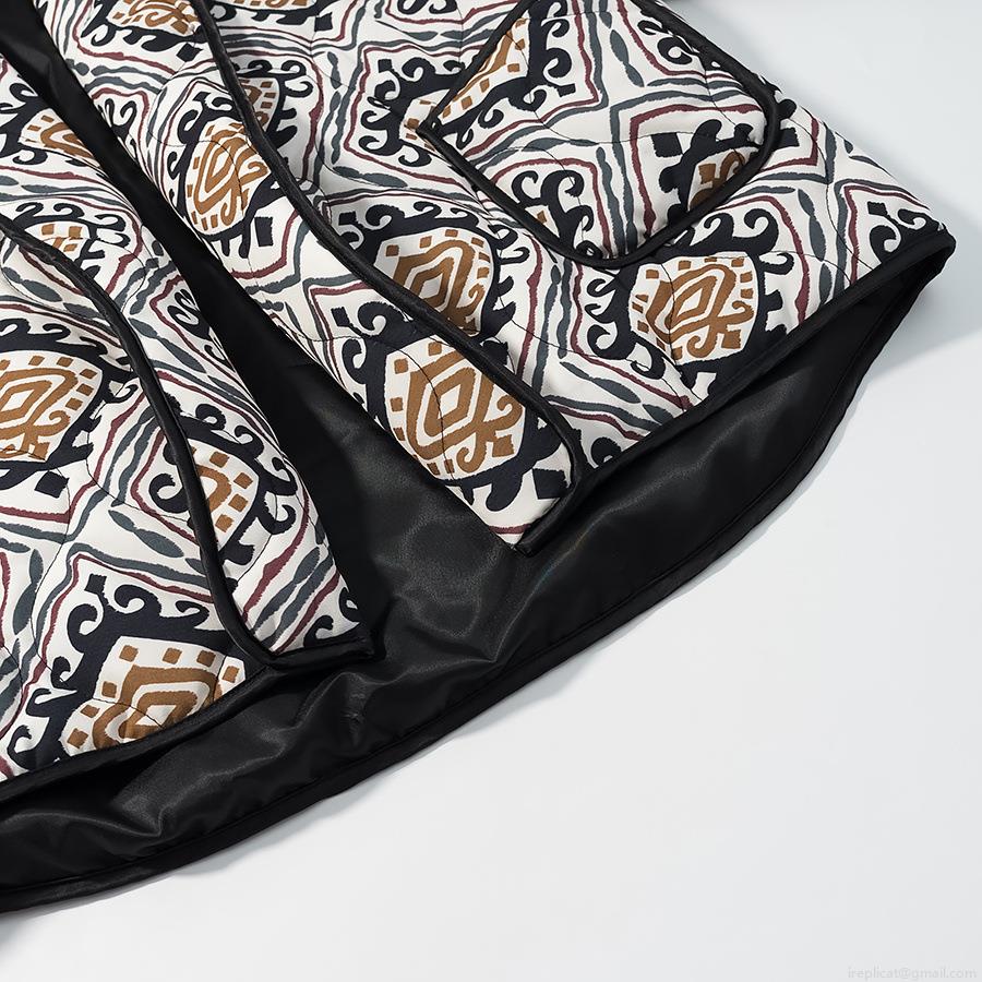 Ethnic Geometric Print Quilted Jacket With Waist Tie Women's Long Sleeve V-Neck Polyester Padded Outerwear Winter Casual Warm Streetwear Coat