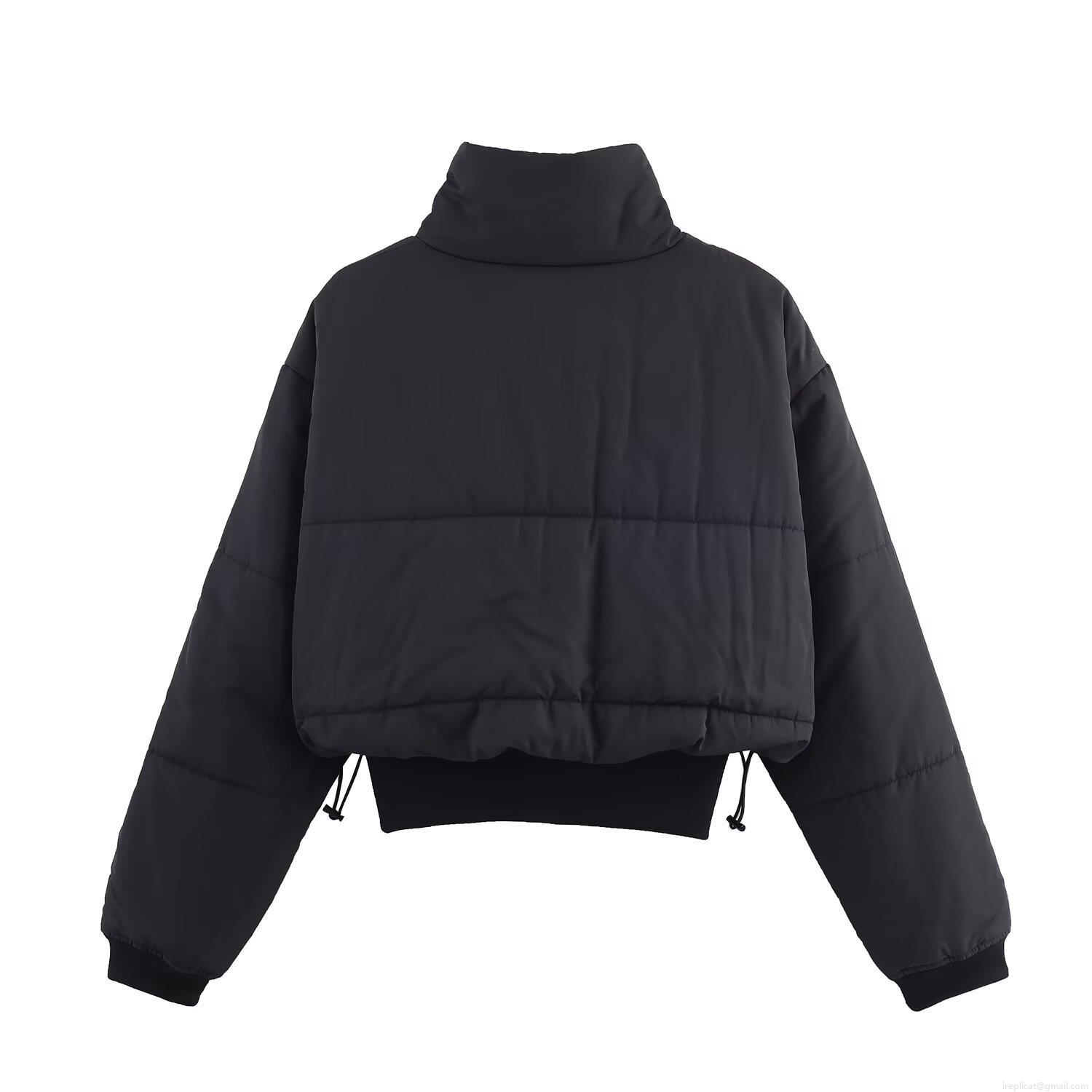 Women's Short Puffer Jacket Stand Collar Solid Black Quilted Padded Coat With Polyester Fiber Fill Warm Winter Outwear Streetwear Zip Up Jacket For Women