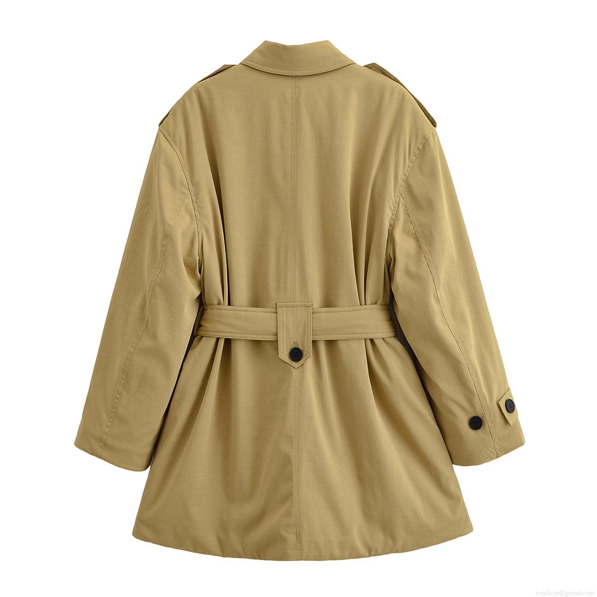 Women Winter Padded Trench Coat Khaki Polyester Twill Belted Waist Slimming Outerwear Solid Color Lapel Windproof Warm Jacket For Women