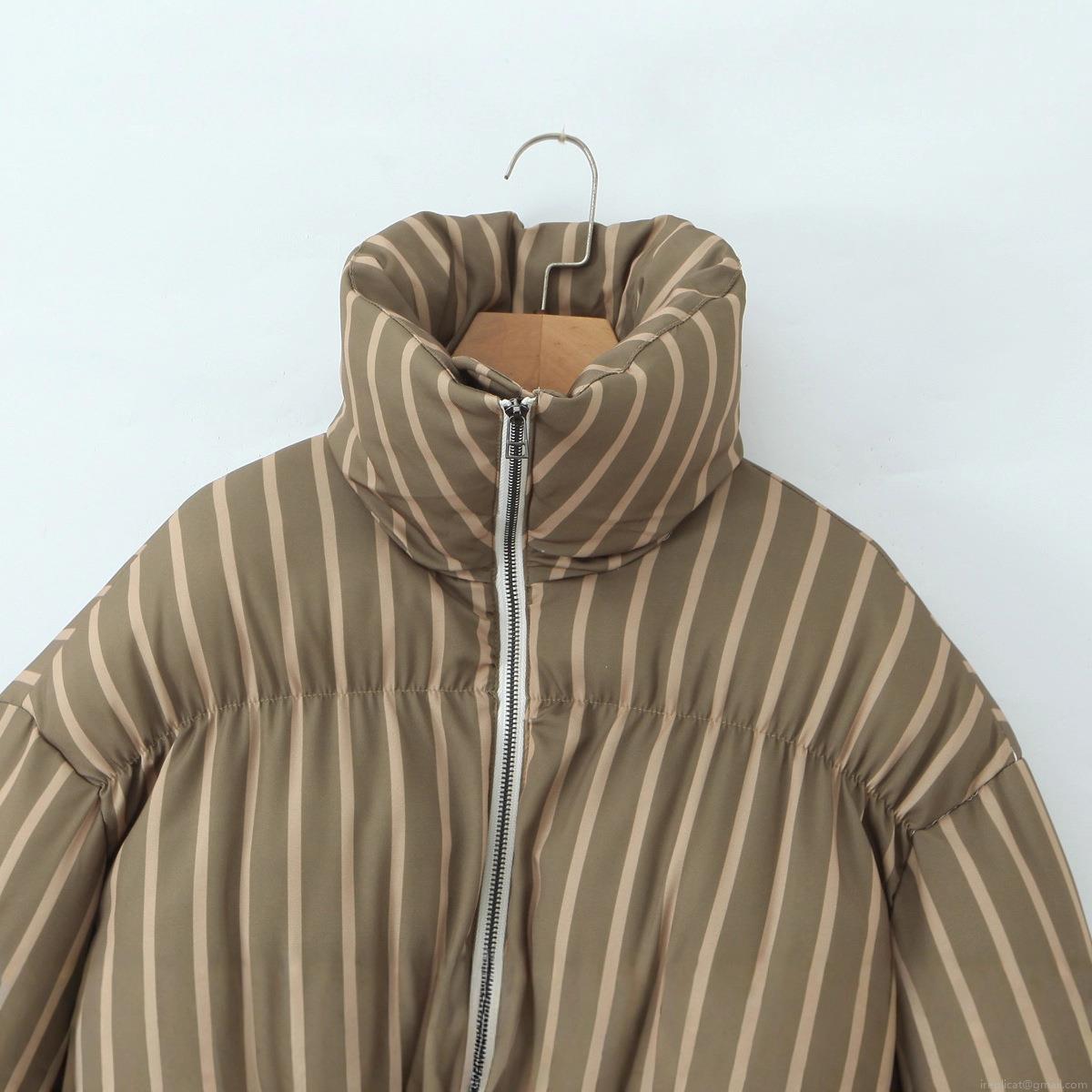 Women's Winter Striped Polyester Padded Puffer Jacket With Stand Collar Long Sleeve Quilted Warm Casual Streetwear Coat Outwear For Women